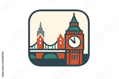 A flat design vector illustration featuring iconic London landmarks