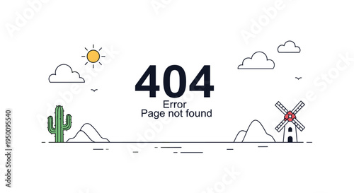 Website 404 error page not found design featuring a minimalist desert landscape with a cactus and a windmill.