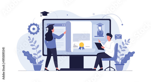 Online education and graduation concept with people receiving a digital diploma on a large computer monitor screen.