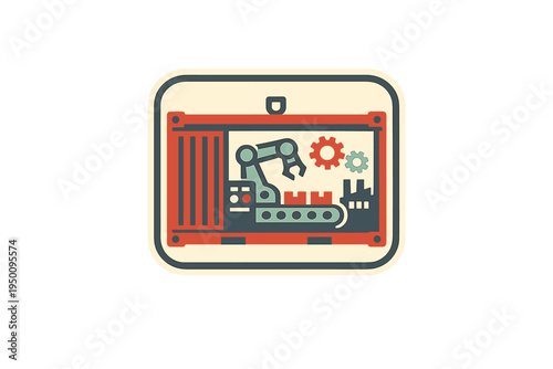 This stylized vector graphic shows a mobile manufacturing unit within