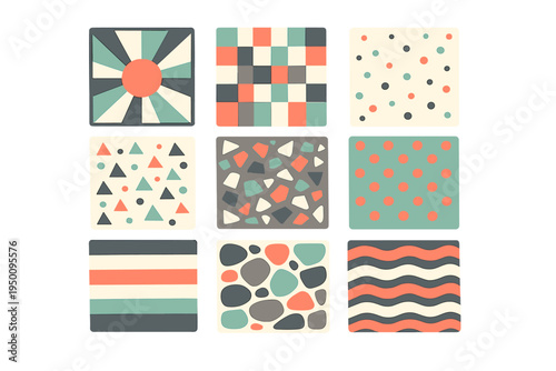 A collection of nine square tiles featuring various geometric and