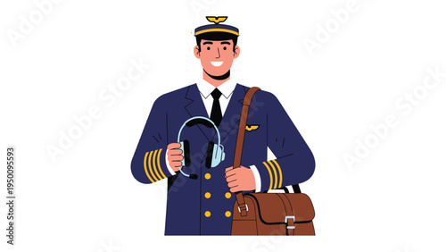 Pilot Prepared: A confident pilot, smartly dressed in his uniform, stands ready for duty, holding his headset and a leather bag, exuding a sense of preparedness and professionalism.