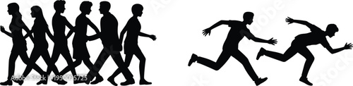 Silhouettes of a group of people walking in a line and two individuals running dynamically on a white background