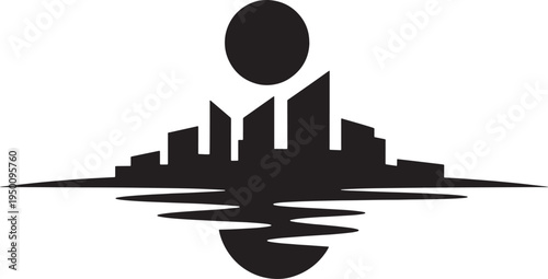 Urban city skyline silhouette with sun reflection in water vector icon illustration for logo