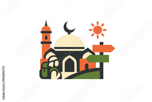 A flat design vector illustration featuring a traveler with a