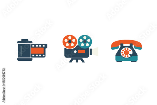 A set of three vintage icons featuring a 35mm film roll, a classic