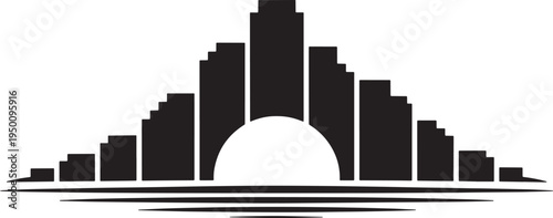 Wide panoramic urban cityscape vector illustration with layered building silhouettes and water