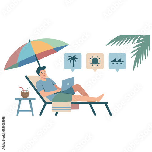 Man relaxes on beach chair under umbrella with laptop on vacation