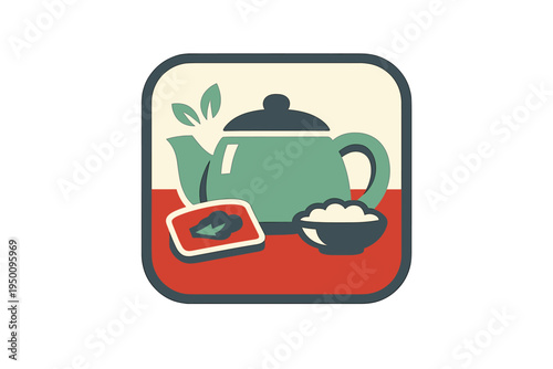 A minimalist vector icon featuring a green teapot, a small bowl of