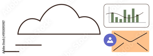 Cloud computing, data analysis, digital communication, remote access, file sharing, business workflow. A cloud icon with a graph chart and an envelope. Cloud computing and data analysis concepts