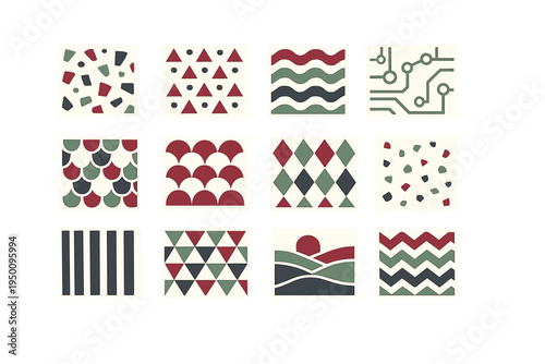 A collection of twelve square tiles featuring various geometric and