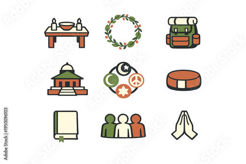 A collection of nine flat icons representing spirituality, religion
