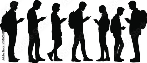 Silhouettes of diverse individuals standing and looking at their smartphones showcasing modern communication and technology use