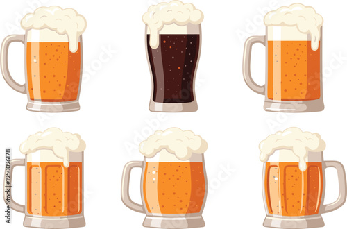 Beer mugs and glasses collection with foam craft beer drink alcohol beverage flat vector illustration set