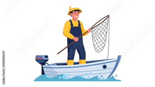 Fishing Adventure: An illustration of a fisherman standing on a boat, casting a fishing net with the backdrop of a bright day and the sea.