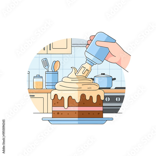 Decorating a Cake with Cream in the Kitchen vector illustration