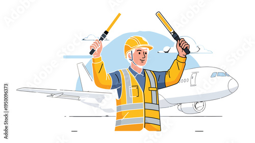 Ground Crew Guidance: An airport ground crew worker, adorned in safety attire, expertly directs an aircraft on the runway, ensuring a seamless and secure take-off or landing.