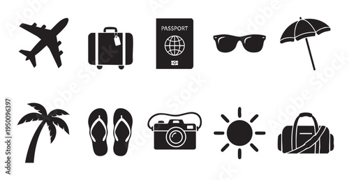 A collection of black silhouette icons representing travel essentials like an airplane, suitcase, passport, sunglasses, and beach umbrella on a white background.