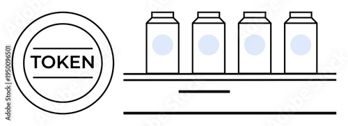 Blockchain systems, tokenization, digital transactions, cryptocurrency, economic assets, data security. Circular token design beside four shelf items. Blockchain systems and tokenization illustrated