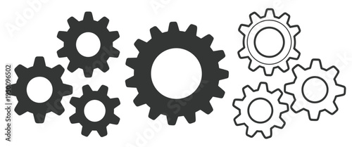 Setting, gears icon set featuring cogwheel group mechanism symbols, representing configuration, system settings, and technical operations, modern flat vector illustration