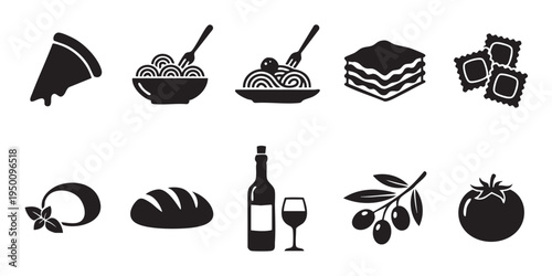 A collection of black silhouette icons representing classic Italian food and ingredients including pizza, pasta, lasagna, ravioli, basil, bread, wine, olives, and tomato.
