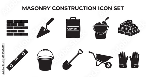 A collection of black silhouette icons representing tools and materials used in masonry and construction work, including bricks, trowels, cement, buckets, and gloves.