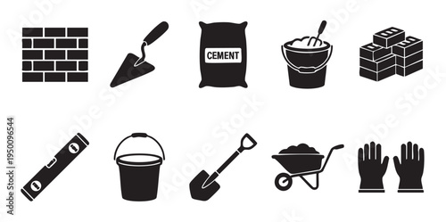 A graphic collection of construction tools and materials including bricks, trowel, cement bag, bucket, level, shovel, wheelbarrow, and gloves.
