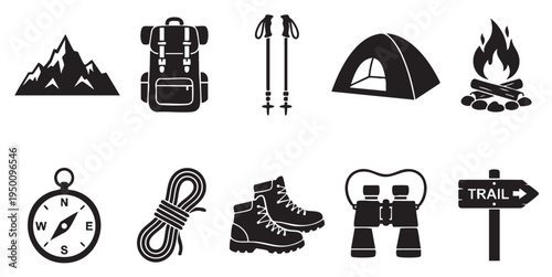 A collection of black vector icons representing hiking and camping equipment, including mountains, backpack, poles, tent, campfire, compass, rope, boots, binoculars, and trail sign.