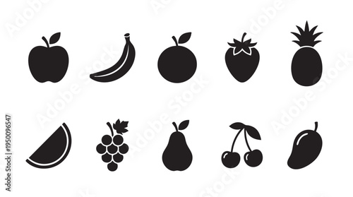 A collection of stylized black fruit icons arranged in two rows against a clean white background, offering versatility for various design projects.
