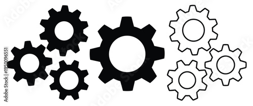 Setting, cogwheel vector icon collection with multiple gear symbols, illustrating system configuration, machinery, and technical settings, clean modern flat vector design