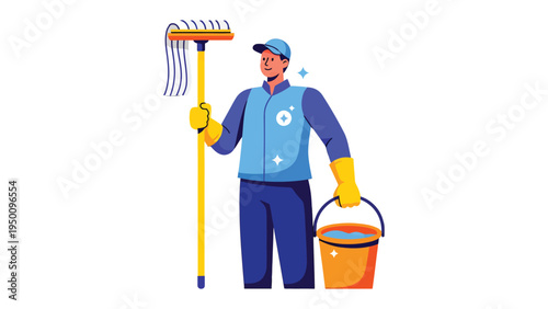 Efficient Service: A dedicated service worker, equipped with a mop and bucket, brings tidiness to the forefront, embodying cleanliness and professional standards.