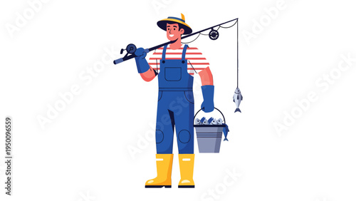 Angler's Daily Catch: A cheerful angler proudly displays his successful catch, complete with a bucket of fish and a fishing rod over his shoulder, symbolizing a day's work and enjoyment in nature.