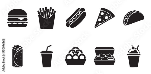 A collection of minimalist black icons representing various fast food items like burgers, fries, pizza, tacos, drinks and more, perfect for graphic design and branding.