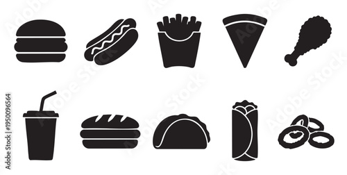 A graphic design featuring various popular fast food items rendered in black silhouette on a clean white background, ideal for digital menus or branding.