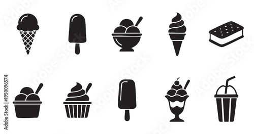 A collection of black and white silhouette icons depicting various popular ice cream desserts, including cones, cups, popsicles, and ice cream sandwiches.
