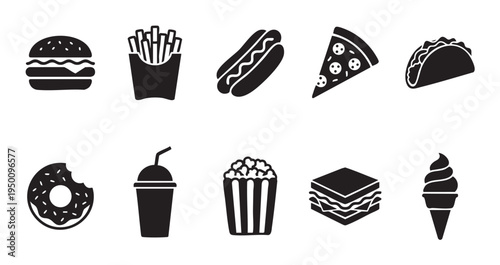 A collection of black silhouette icons representing various fast food items like a burger, fries, hot dog, pizza, taco, donut, drink, popcorn, sandwich, and ice cream on a white background.