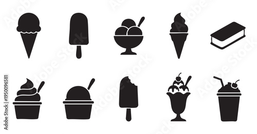 A diverse collection of black silhouette icons representing various ice cream desserts and treats, suitable for graphic design and food-related concepts.