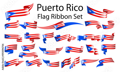 Puerto Rico Flag Background with Red White Blue Ribbon and San Juan Landmarks