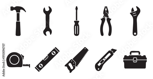 A clean silhouette collection of ten different hand tools including a hammer, wrenches, screwdriver, pliers, saw, tape measure, level, utility knife, and toolbox on a white background.
