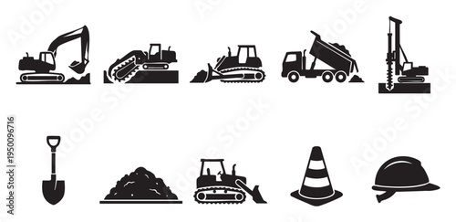 A collection of black and white vector icons depicting various construction vehicles, tools, and safety gear on a white background.