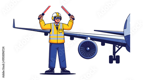 Aircraft Marshal Guiding Aircraft: An aircraft marshal, essential for airport safety, skillfully directs an aircraft using guiding wands. Portraying precision and attention.