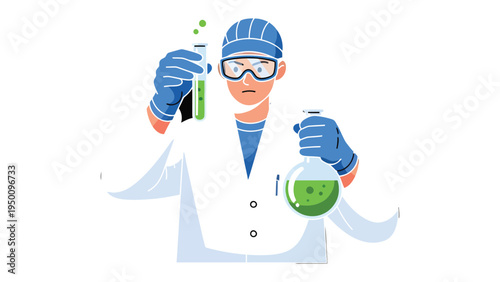 Scientist's Experiment: A focused scientist, garbed in a lab coat and safety glasses, meticulously conducts an experiment with beakers and a flask filled with vibrant green liquid.