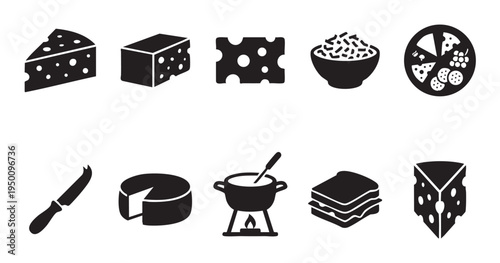 Collection of black and white silhouette icons representing various cheese types, a fondue pot, cheese knife, and a sandwich, perfect for food-related designs.