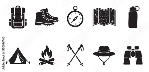 A collection of black silhouette icons depicts essential camping and hiking gear, including a backpack, boots, compass, map, water bottle, tent, campfire, trekking poles, hat.