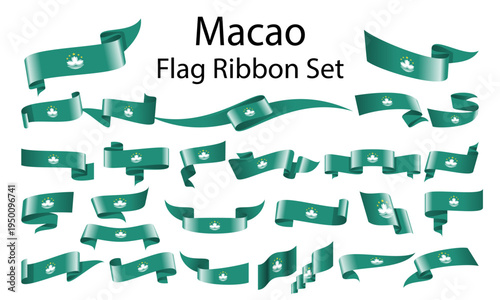 Macau SAR China Flag Background with Green Ribbon and Iconic Landmarks