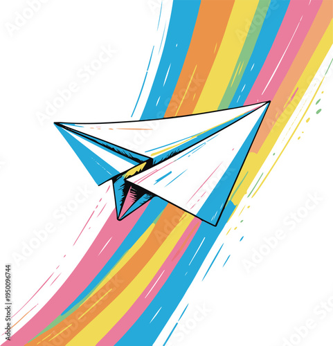 Colorful bold line art illustration of a paper airplane leaving a rainbow trail, minimal creative concept, thick vector outlines, vibrant colors, clean white background 3