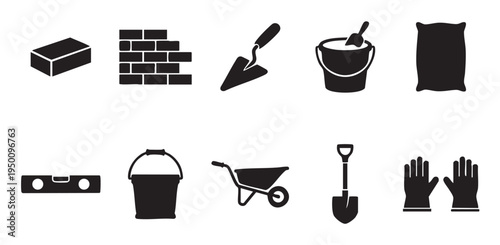 A collection of black vector icons depicting various construction tools and materials, including bricks, trowel, bucket, shovel, and gloves, set against a clean white background for easy use.