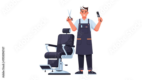 The Art of Hair Design: A skilled barber, equipped with essential tools, stands proudly beside a vintage barber chair, showcasing the artistry and skill of the grooming profession.