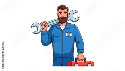 Mechanic Ready to Work: A skilled mechanic, equipped with a large wrench and toolbox, embodies professionalism and expertise in his field.