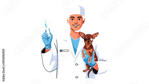 Veterinarian with Puppy: A compassionate veterinarian, garbed in a white coat, gently cradles a small puppy while preparing a syringe, symbolizing care and health.